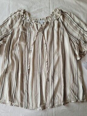 AB Studio Cream and Black Striped Peasant Blouse 100% Rayon Size XL
